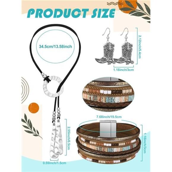 3 Pcs Western Jewelry for Women Bohemian Set, Boho Pendant Long Choker, - Picture 3 of 7